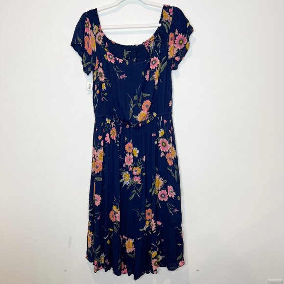 Old Navy NWT Dress Size L Blue Floral Tiered Flowy Short Sleeve Midi Large - Picture 2 of 8